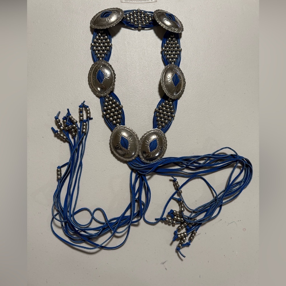 Funky Blue Faux Suede Western Fringed Concho Belt Silver Beads Artsy Festival
